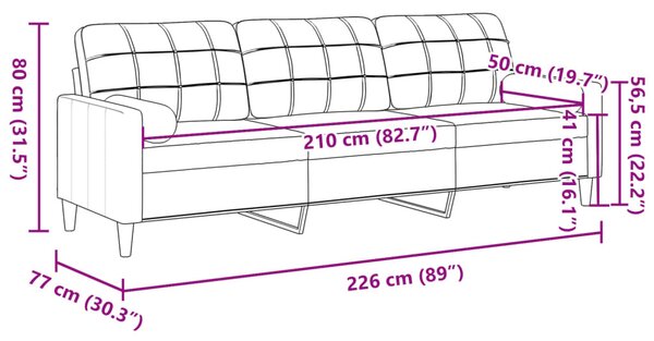 3 személyes kék bársony kanapé díszpárnákkal 210 cm