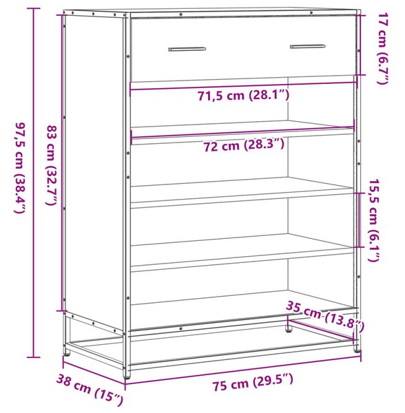 Fekete szerelt fa és fém cipőszekrény 75 x 38 x 97,5 cm