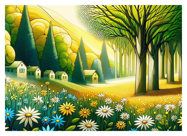 Kép - Falu sárga-zöld színekben (70x50 cm)