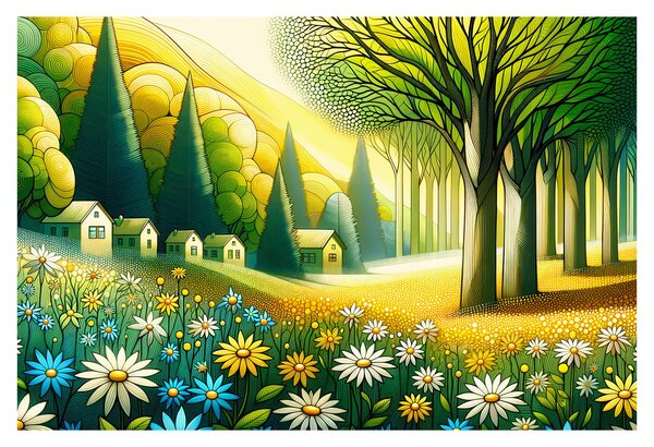 Kép - Falu sárga-zöld színekben (90x60 cm)