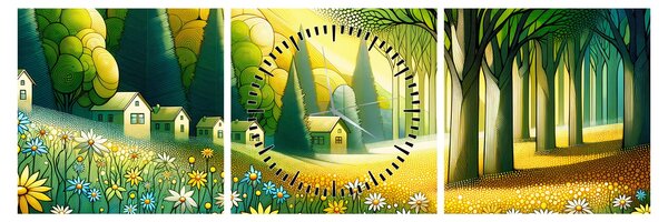Kép - Falu sárga-zöld színekben (órával) (90x30 cm)