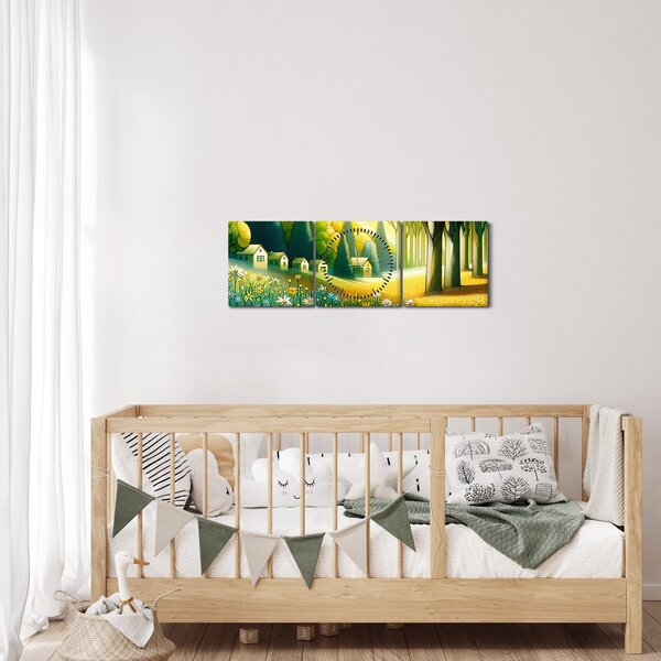 Kép - Falu sárga-zöld színekben (órával) (90x30 cm)