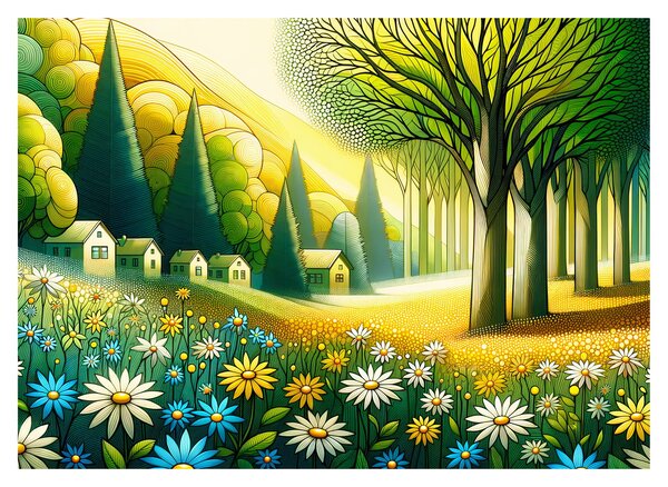 Üveg kép - Falu sárga-zöld színekben (70x50 cm)