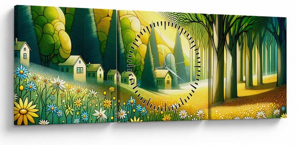 Kép - Falu sárga-zöld színekben (órával) (90x30 cm)