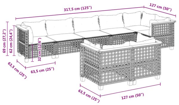 8 részes szürke polyrattan kerti ülőgarnitúra párnákkal