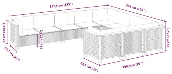 10 részes fekete polyrattan kerti ülőgarnitúra párnákkal
