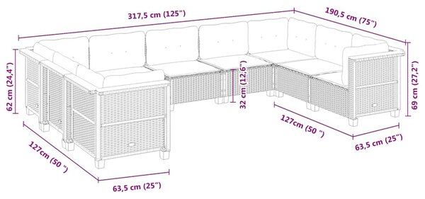 9 részes fekete polyrattan kerti ülőgarnitúra párnákkal
