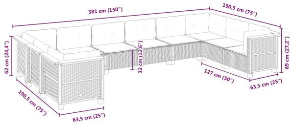 10 részes fekete polyrattan kerti ülőgarnitúra párnákkal