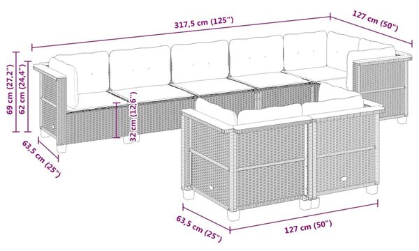 8 részes fekete polyrattan kerti ülőgarnitúra párnákkal