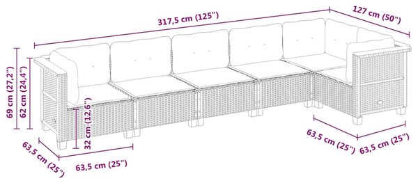 6 részes fekete polyrattan kerti ülőgarnitúra párnákkal