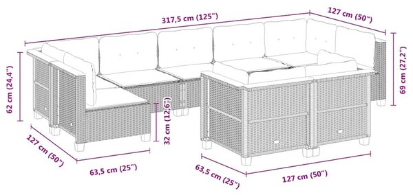9 részes fekete polyrattan kerti ülőgarnitúra párnákkal