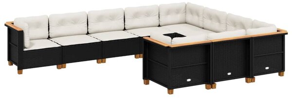 10 részes fekete polyrattan kerti ülőgarnitúra párnákkal