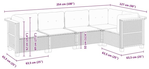 5 részes fekete polyrattan kerti kanapészett párnákkal