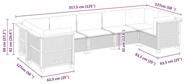 7 részes fekete polyrattan kerti ülőgarnitúra párnával
