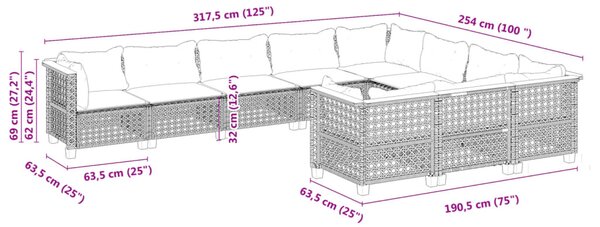 10 részes szürke polyrattan kerti ülőgarnitúra párnákkal