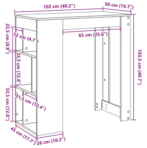 Füstös tölgy szerelt fa bárasztal tárolókkal 102x50x103,5 cm