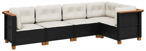 5 részes fekete polyrattan kerti kanapészett párnákkal