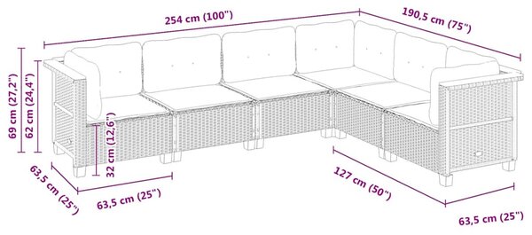 6 részes fekete polyrattan kerti ülőgarnitúra párnákkal