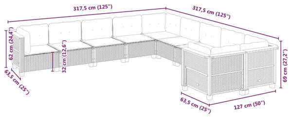 10 részes fekete polyrattan kerti ülőgarnitúra párnákkal