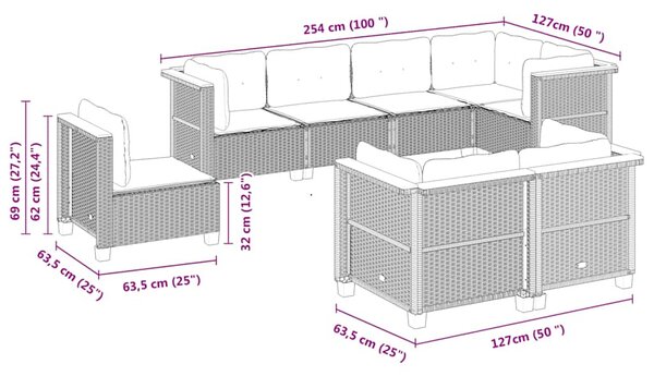 8 részes fekete polyrattan kerti ülőgarnitúra párnákkal