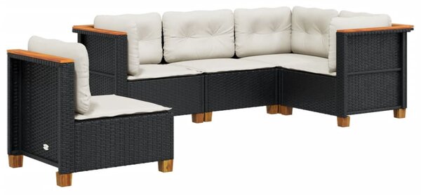 5 részes fekete polyrattan kerti kanapészett párnákkal