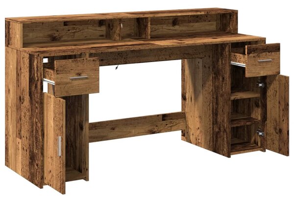 Antik fa színű szerelt fa íróasztal LED-ekkel 160 x 55 x 91 cm