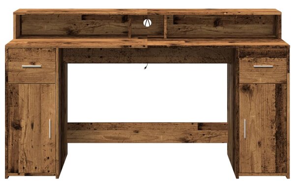 Antik fa színű szerelt fa íróasztal LED-ekkel 160 x 55 x 91 cm