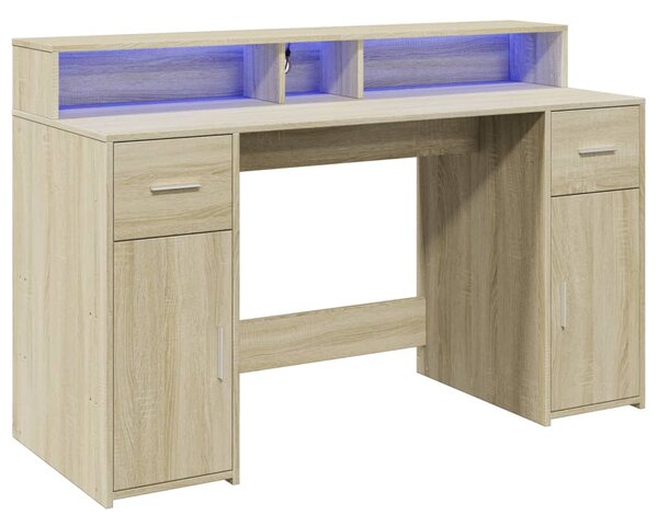 Sonoma tölgy színű szerelt fa íróasztal LED-ekkel 140x55x91 cm