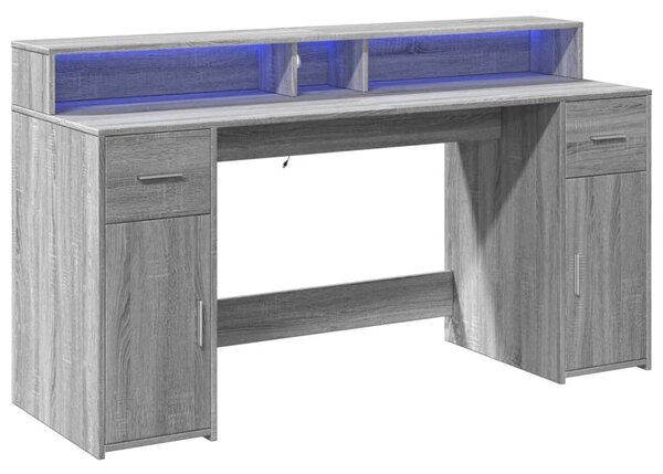 Szürke sonoma színű szerelt fa íróasztal LED-ekkel 160x55x91 cm