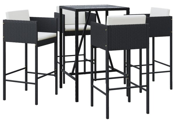 5 részes fekete polyrattan kerti bárszett párnával