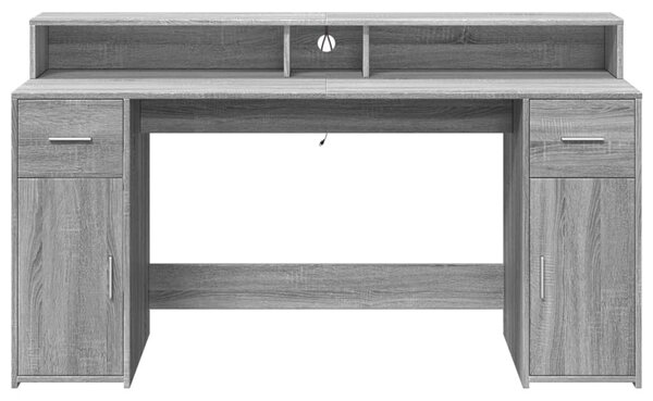 Szürke sonoma színű szerelt fa íróasztal LED-ekkel 160x55x91 cm