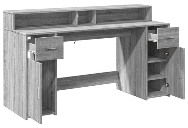 Szürke sonoma színű szerelt fa íróasztal LED-ekkel 160x55x91 cm