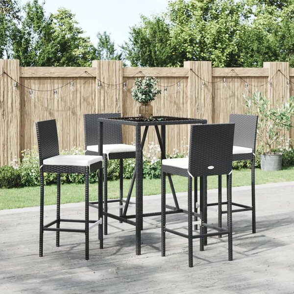 5 részes fekete polyrattan kerti bárszett párnával