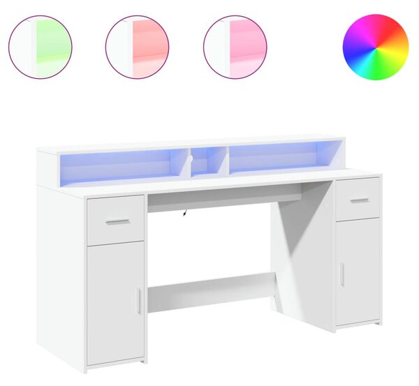 Fehér szerelt fa íróasztal LED-világítással 160 x 55 x 91 cm