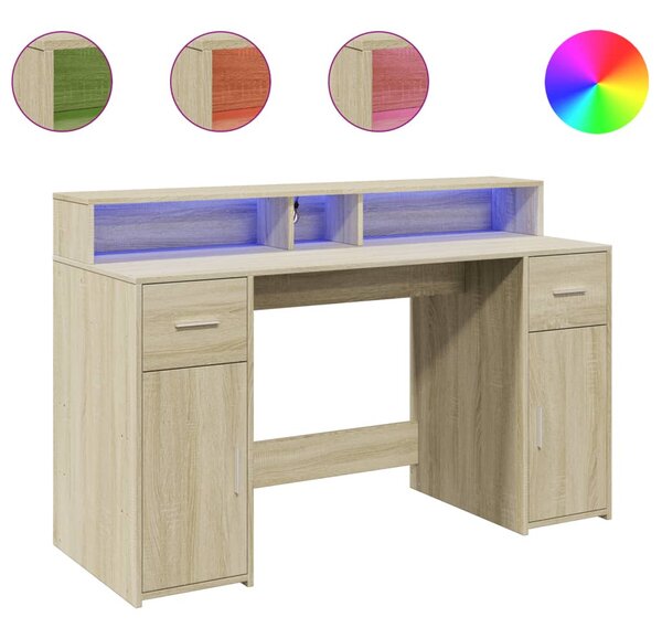 Sonoma tölgy színű szerelt fa íróasztal LED-ekkel 140x55x91 cm