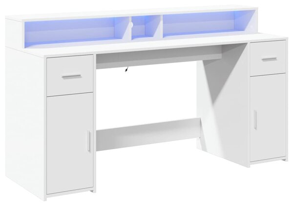 Fehér szerelt fa íróasztal LED-világítással 160 x 55 x 91 cm