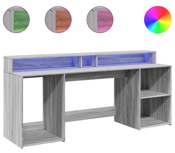 Szürke sonoma színű szerelt fa íróasztal LED-ekkel 200x55x91 cm