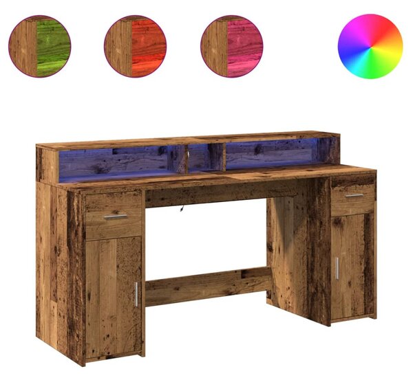 Antik fa színű szerelt fa íróasztal LED-ekkel 160 x 55 x 91 cm