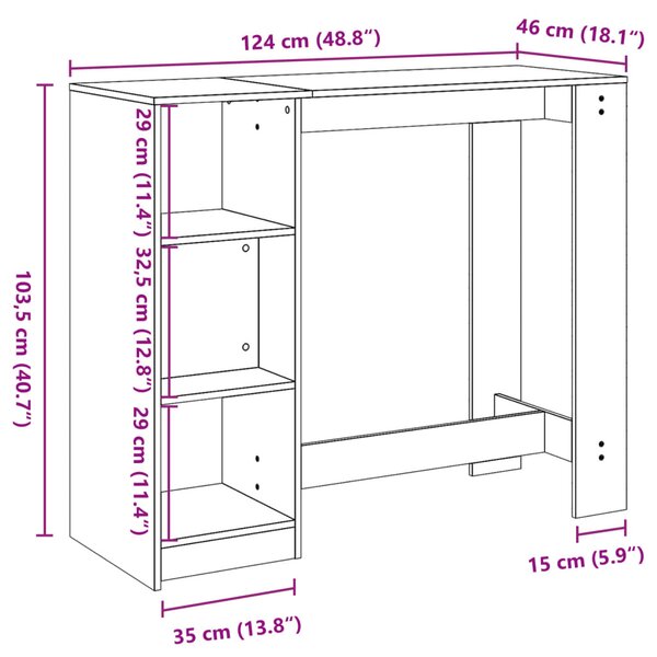 Betonszürke szerelt fa bárasztal polccal 124 x 46 x 103,5 cm