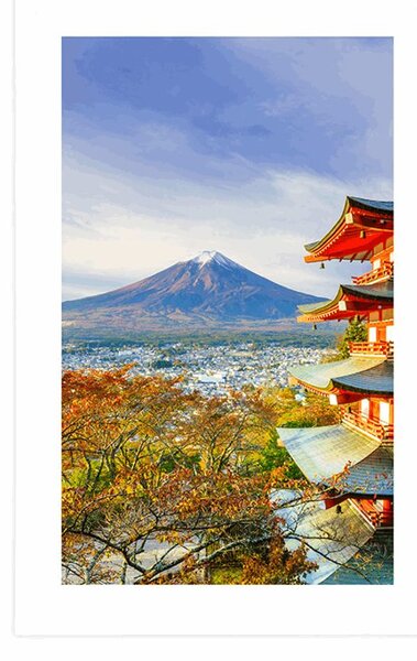 Poszter paszportuval kilátással a Chureito pagodára és a Fuji-hegyre