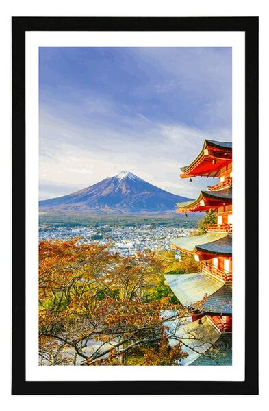 Poszter paszportuval kilátással a Chureito pagodára és a Fuji-hegyre