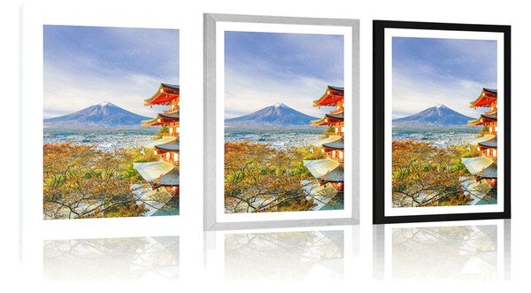 Poszter paszportuval kilátással a Chureito pagodára és a Fuji-hegyre