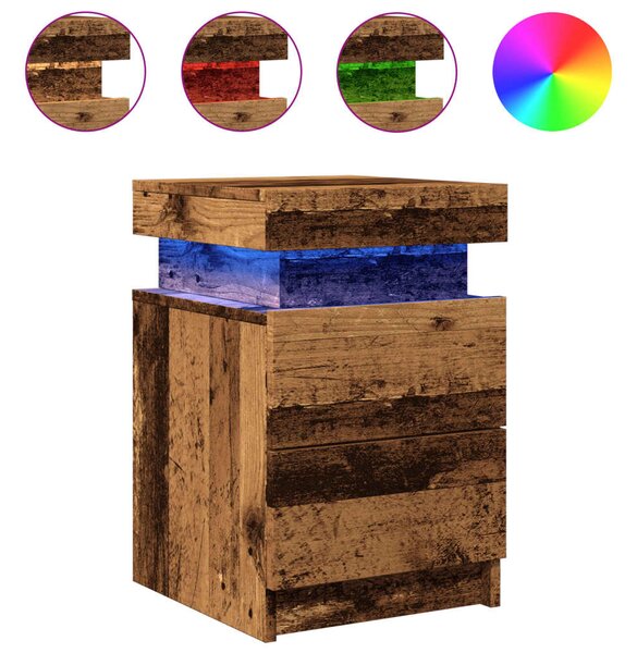 2 db antik fa színű szerelt fa LED-es éjjeliszekrény 35x39x55cm