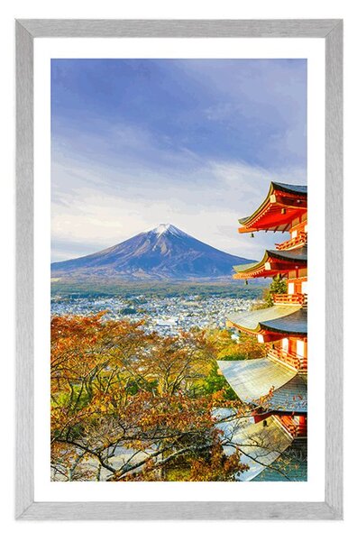 Poszter paszportuval kilátással a Chureito pagodára és a Fuji-hegyre