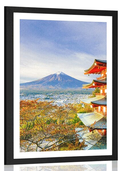 Poszter paszportuval kilátással a Chureito pagodára és a Fuji-hegyre