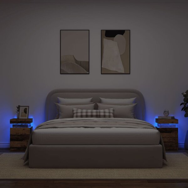 2 db antik fa színű szerelt fa LED-es éjjeliszekrény 35x39x55cm