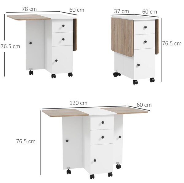 HOMCOM Összecsukható asztal maximum 6 fő részére, 2 fiókkal, szekrénnyel és hátsó polccal, 120x60x76,5 cm, fehér