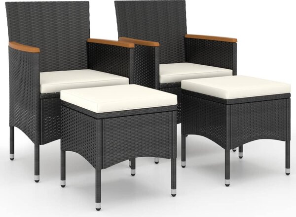 4 részes fekete polyrattan kerti szék- és zsámolyszett
