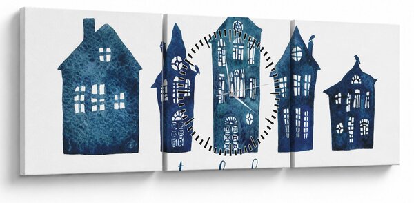 Kép - Kék akvarell házak (órával) (90x30 cm)