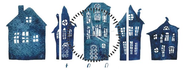 Kép - Kék akvarell házak (órával) (90x30 cm)